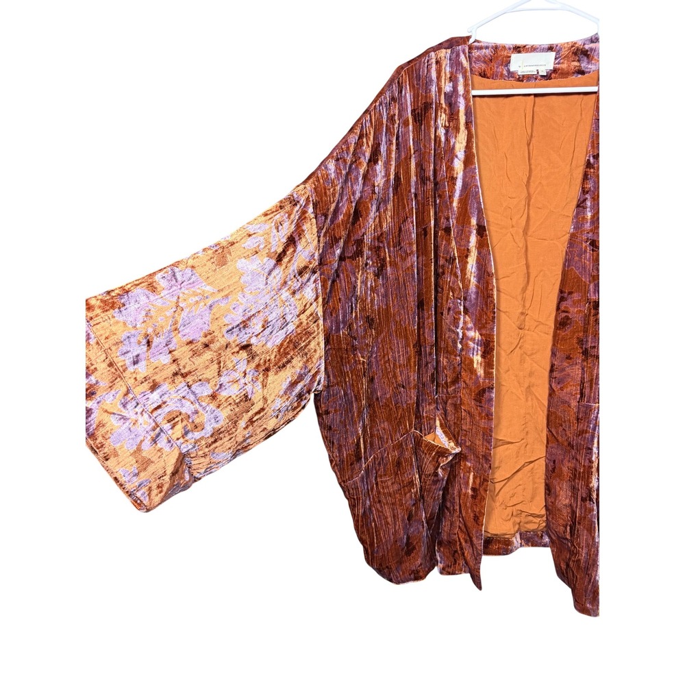 Anthropologie Velvet Kimono Cardigan XL Orange Purple Floral Open Boho Oversized - Picture 5 of 16